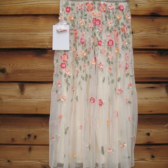 Mac Duggal 5527 Cream V-Neck Sleeveless Midi Floral Beaded A-line Dress 10 - Picture 14 of 14